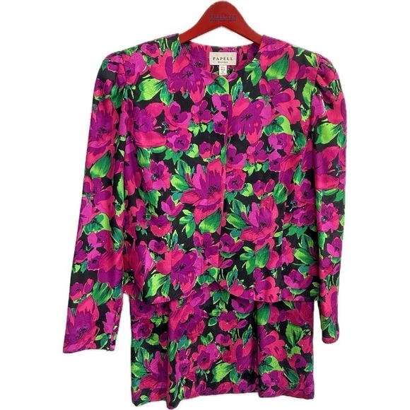 Papell Petites 100% Silk Floral Blouse and Skirt Set - Picture 1 of 10